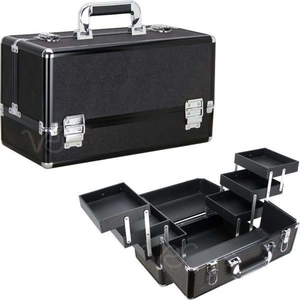 Black Glitter 6-Tiers Accordion Makeup Train Case Professional Cosmetics Organiz